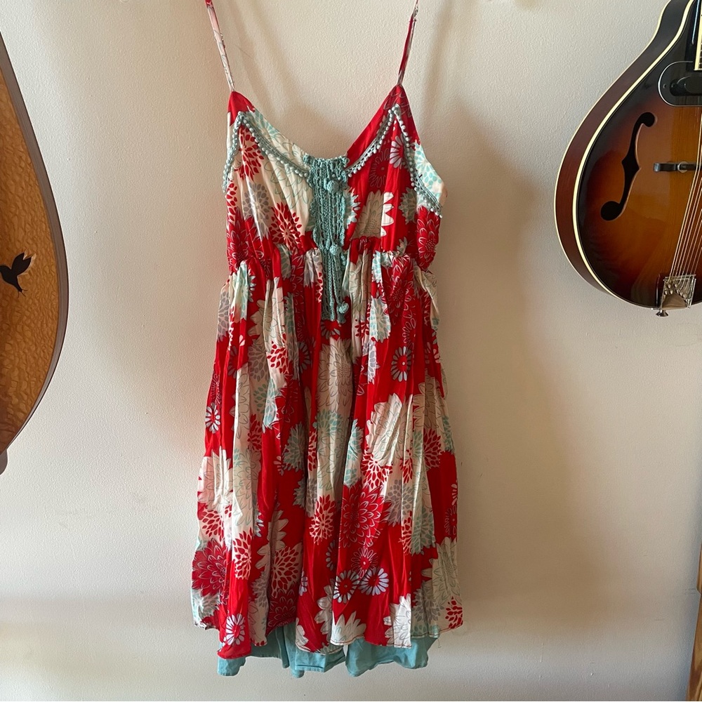 A'Reve Red and Blue Floral Sundress Anthropologie M